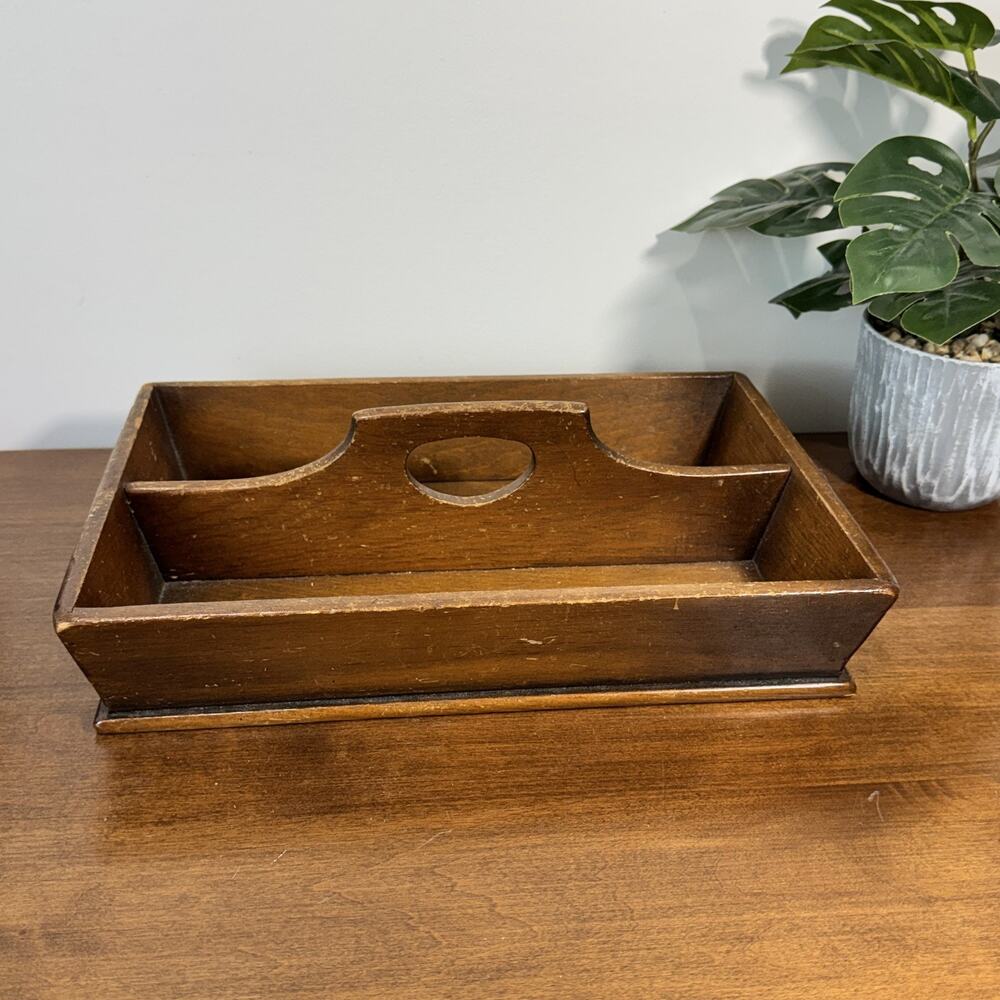 Vintage Wooden Silverware Caddy Flatware Organizer Divided Tray Rustic Farmhouse - Picture 2 of 7